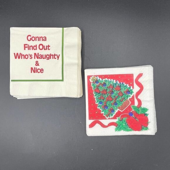 Vintage Christmas Holiday Paper Napkins 2 designs Tree Red Green Naughty Nice - Picture 1 of 6